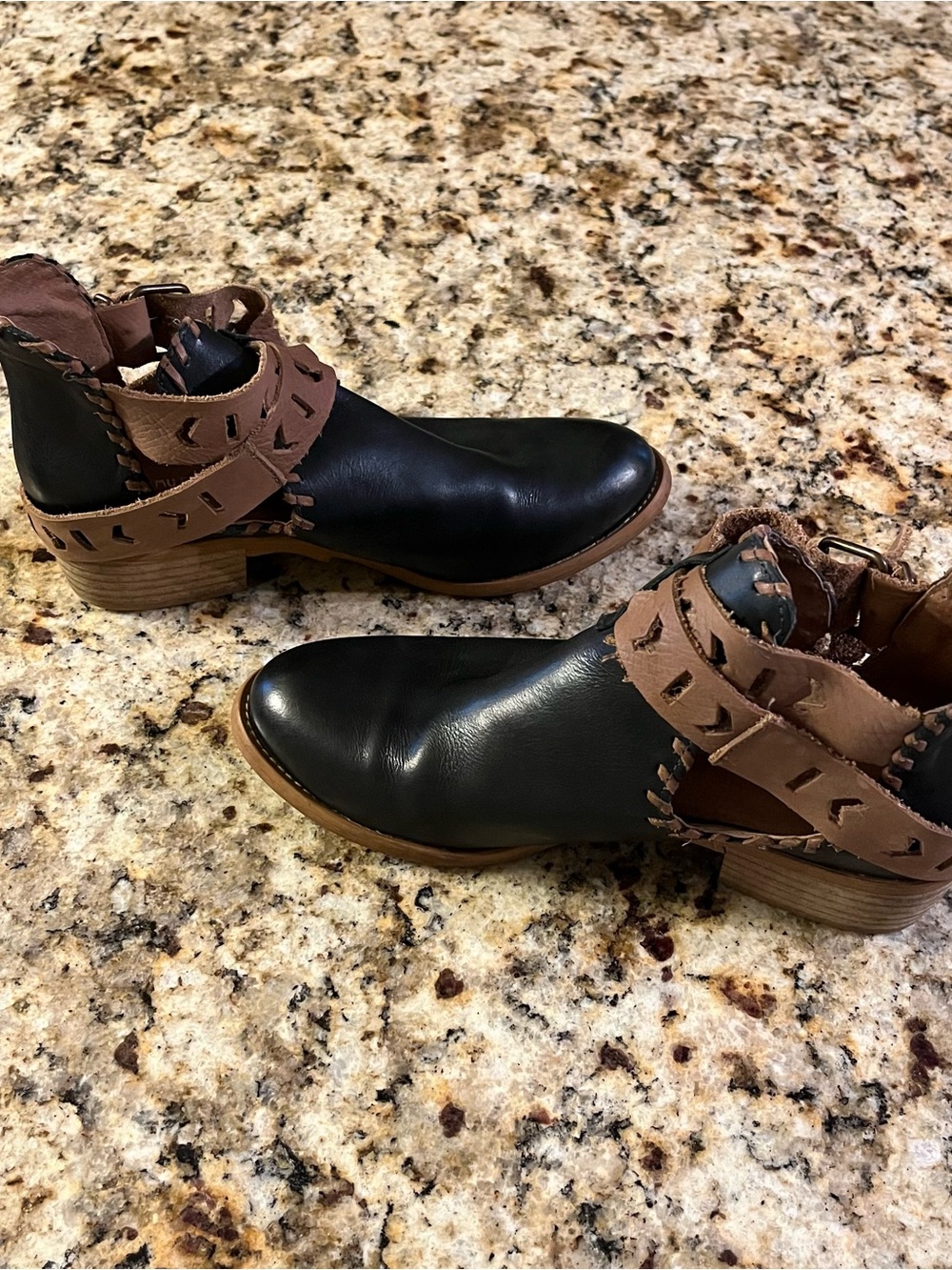Musse & Cloud Black Leather Ankle Boots with Brown Wrap Straps